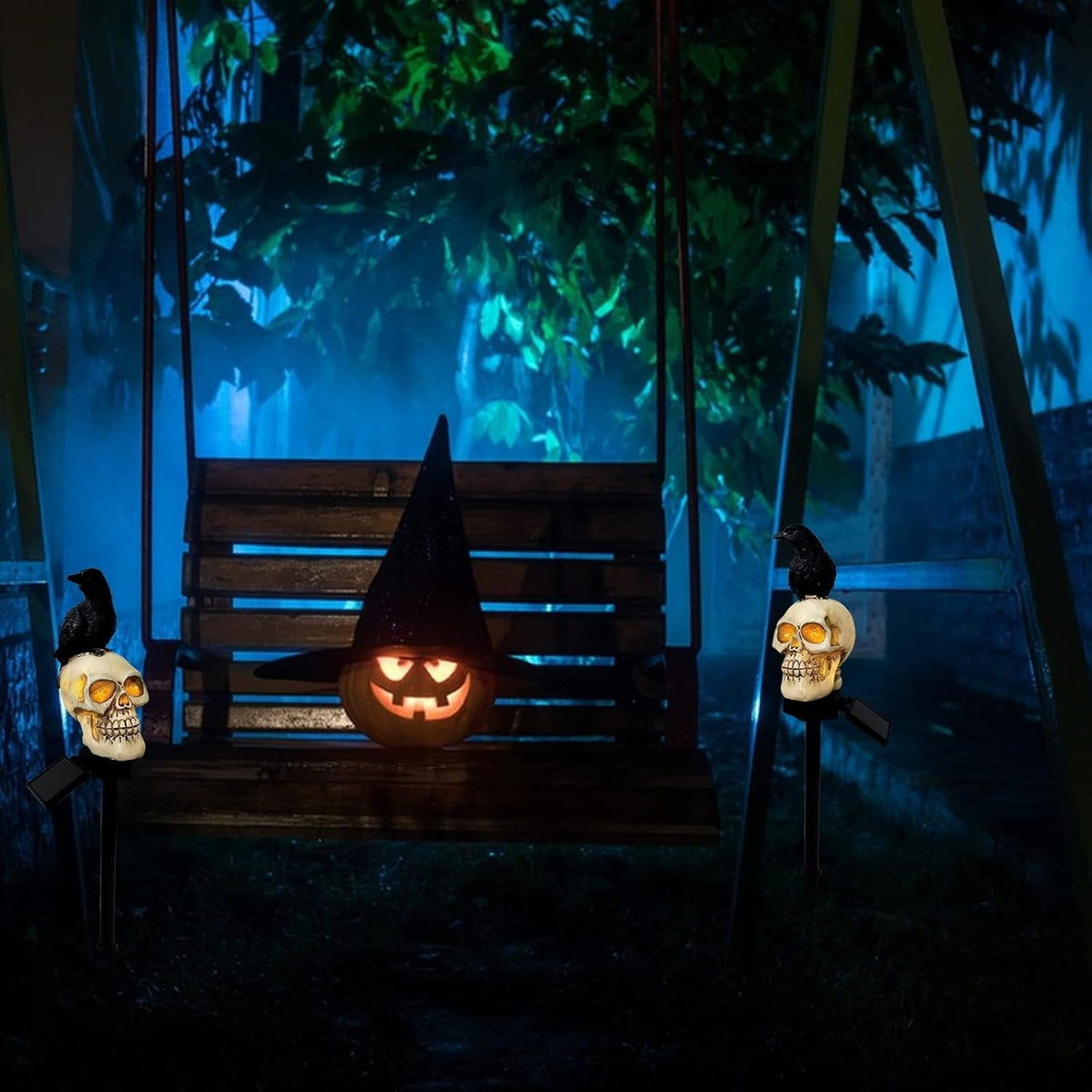 Solar Doodshoofd Tuinverlichting met Raaf Zwart Wit Halloween Decoratie Padverlichting LED Tuin Sfeer | Sulvida