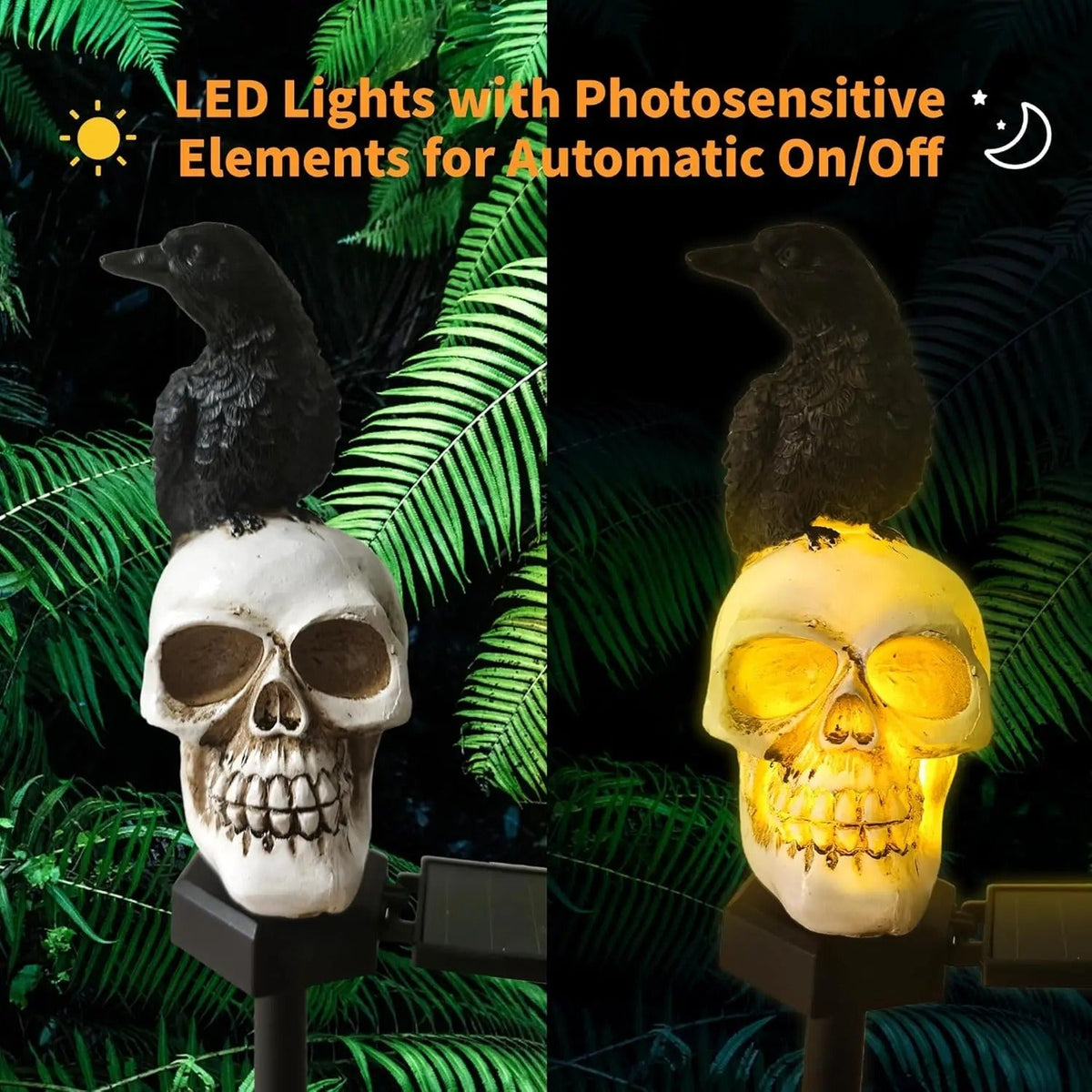 Solar Doodshoofd Tuinverlichting met Raaf Zwart Wit Halloween Decoratie Padverlichting LED Tuin Sfeer | Sulvida