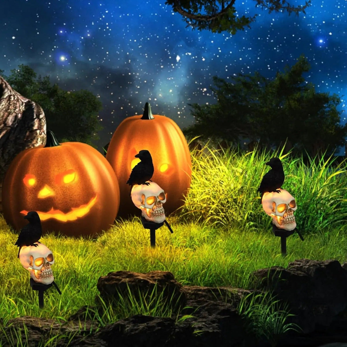 Solar Doodshoofd Tuinverlichting met Raaf Zwart Wit Halloween Decoratie Padverlichting LED Tuin Sfeer | Sulvida