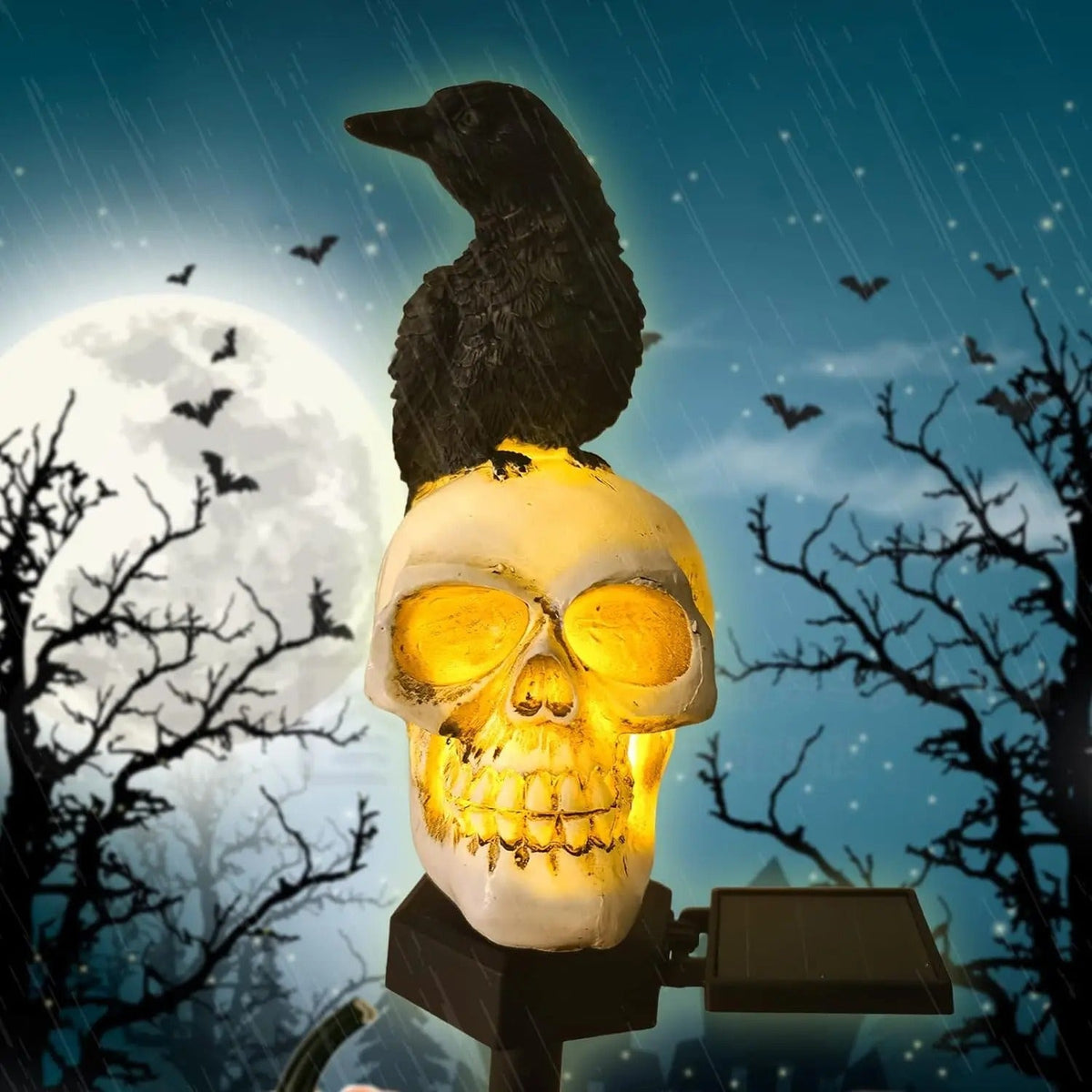 Solar Doodshoofd Tuinverlichting met Raaf Zwart Wit Halloween Decoratie Padverlichting LED Tuin Sfeer | Sulvida