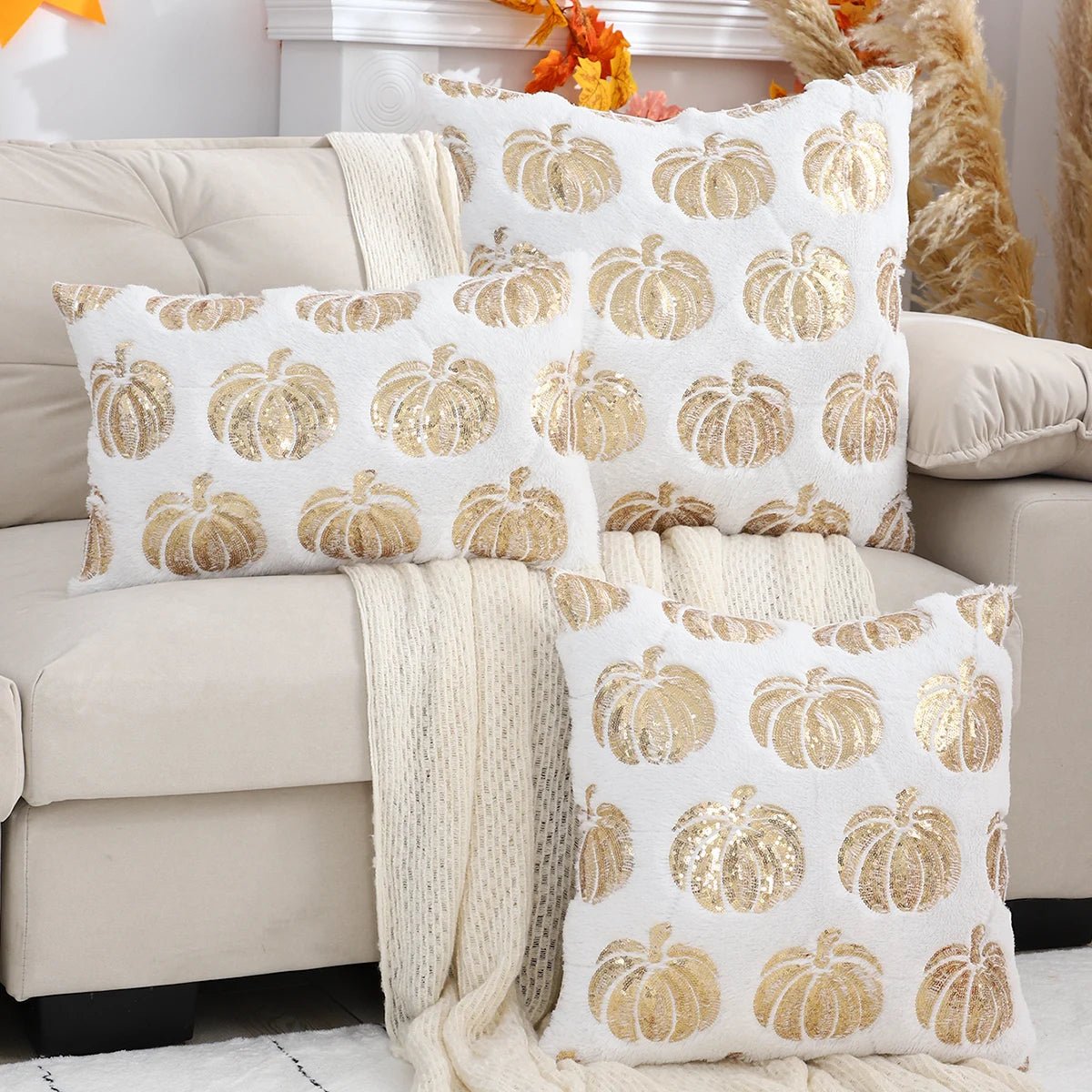 Pompoenkussenhoes met Pailletten Borduurwerk Ritssluiting Decoratief Sierkussen Herfst Interieur Woonkamer | Sulvida