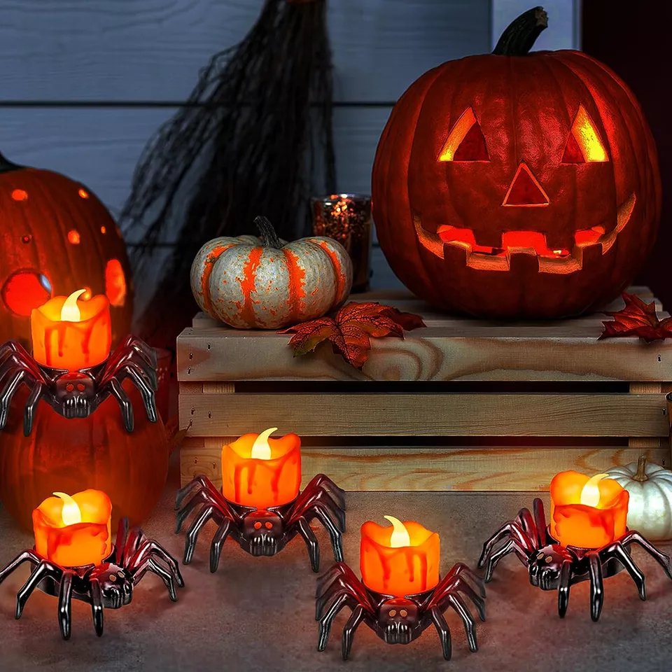 LED Spinnenlicht op Batterij Zwarte Kandelaar Decoratie Sfeerverlichting Halloween Griezelig Tafelornament | Sulvida