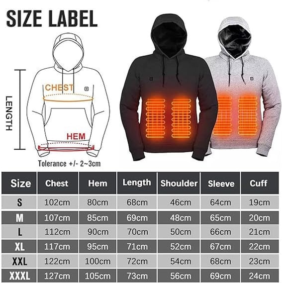Verwarmde Hoodie met USB Verwarmingszones Rug Buik Nek 3 Temperatuurniveaus Unisex Capuchon Oplaadbaar | Sulvida
