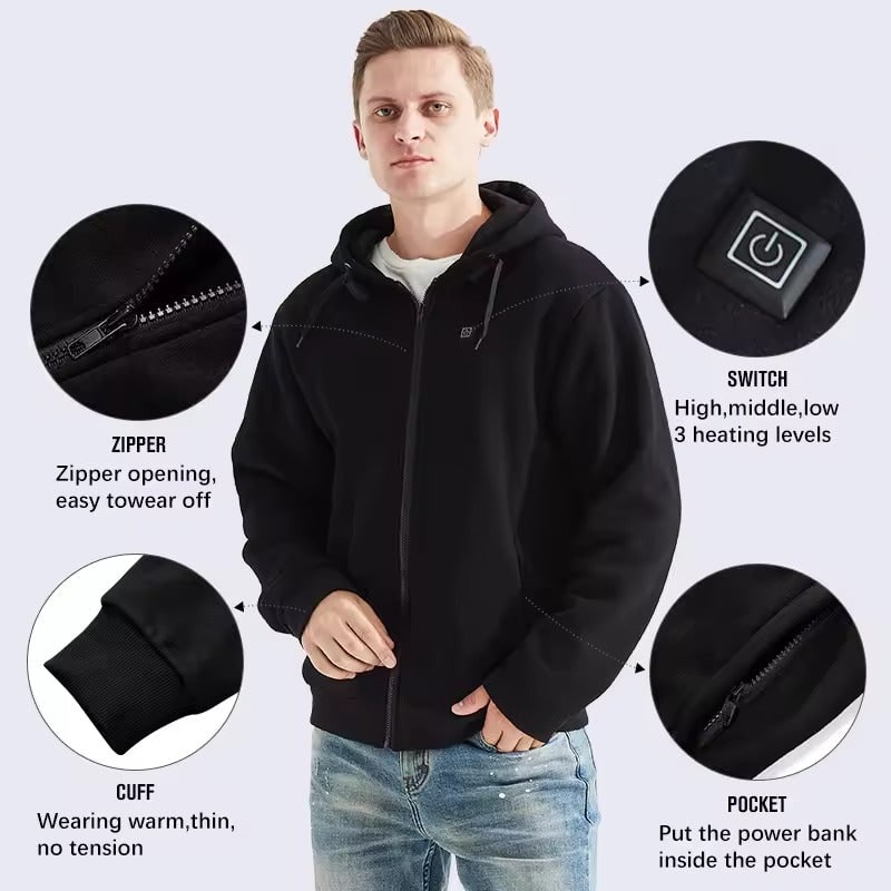 Verwarmde Hoodie met USB Verwarmingszones Rug Buik Nek 3 Temperatuurniveaus Unisex Capuchon Oplaadbaar | Sulvida
