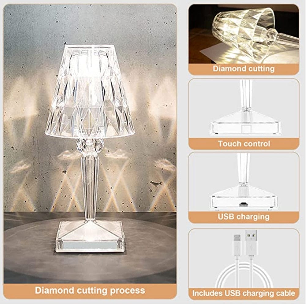 Oplaadbare LED Tafellamp Kristaleffect Diamantvorm Draadloos Touch Dimbaar Sfeerlamp Modern Design Stijlvol | Sulvida