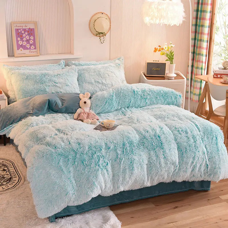 Plüsch-Fleece-Bettwäsche-Set, winterwarm, Teddy, 3-4-teilig, mit Bezug, Laken und Kissenbezügen | Sulvida