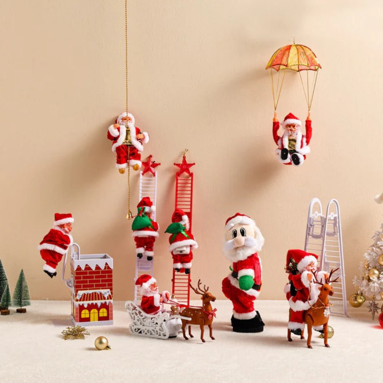 Klimmende Kerstman Decoratie met Ladder Lichtjes Geluid Batterij Kerst Animatie Bewegend Figuur Feestdagen | Sulvida