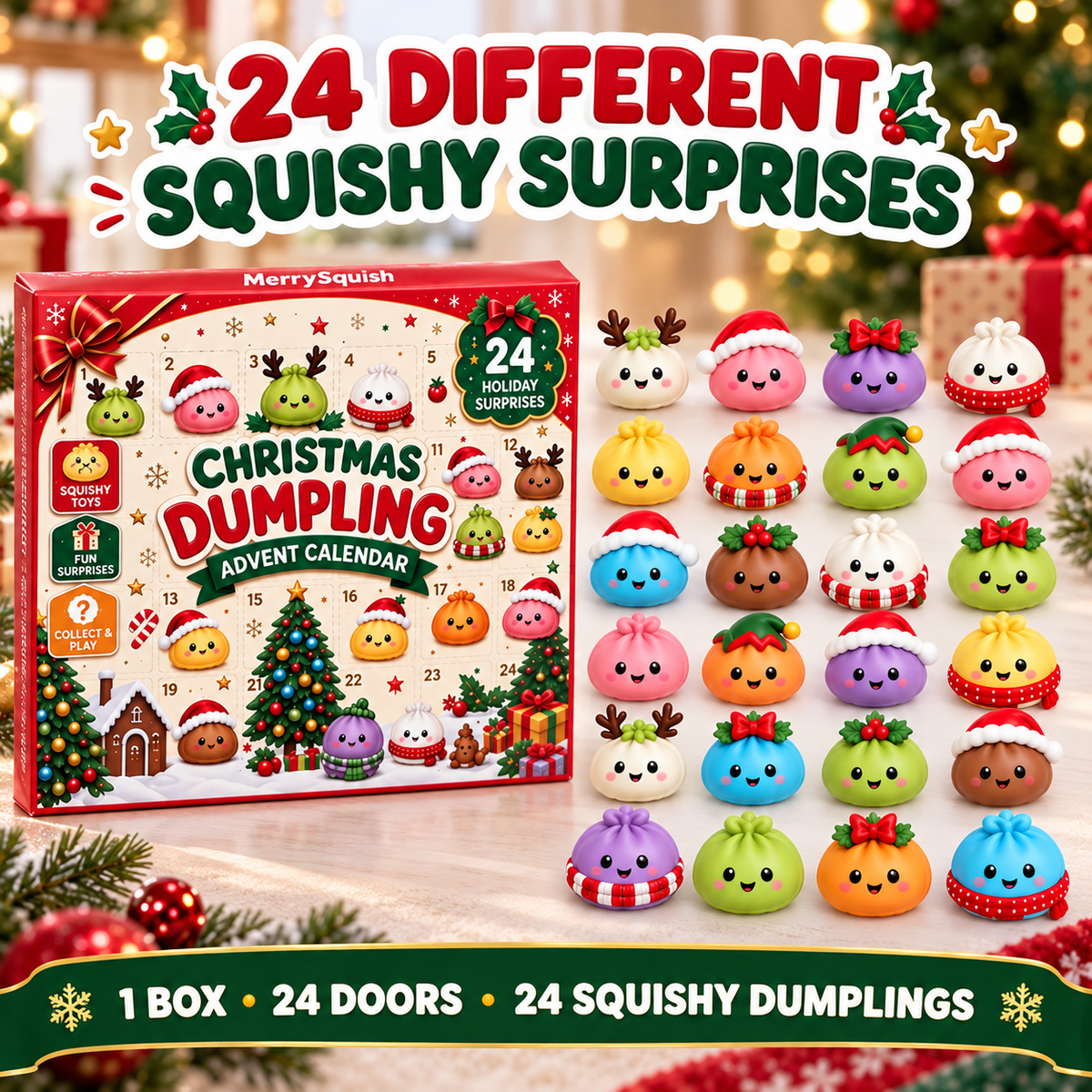 24-Deurs Adventskalender met Knuffel Dumplings Kerstmis Aftellen Mochi Squishy Speelgoed Collectie Kerst | Sulvida