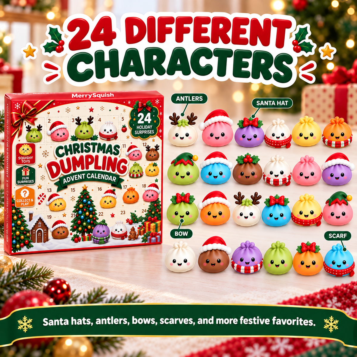 24-Deurs Adventskalender met Knuffel Dumplings Kerstmis Aftellen Mochi Squishy Speelgoed Collectie Kerst | Sulvida