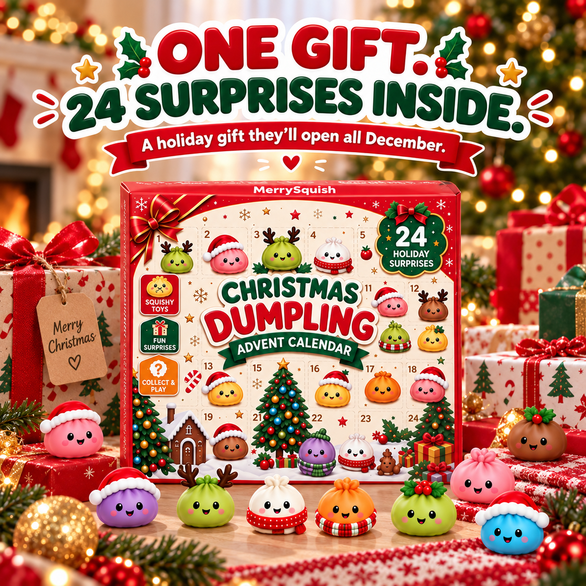 24-Deurs Adventskalender met Knuffel Dumplings Kerstmis Aftellen Mochi Squishy Speelgoed Collectie Kerst | Sulvida