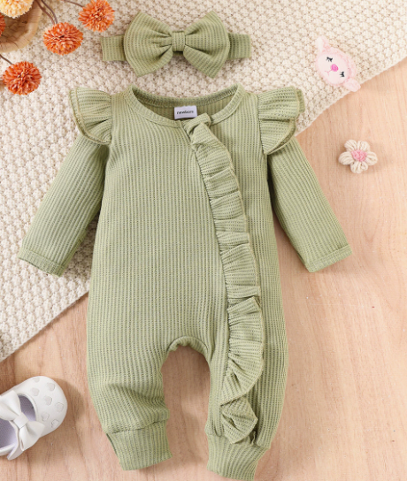 Geribde Babyjumpsuit met Haarband Pasgeboren Katoenen Pakje Babymeisje Outfit 0-18 Maanden Comfortabel | Sulvida