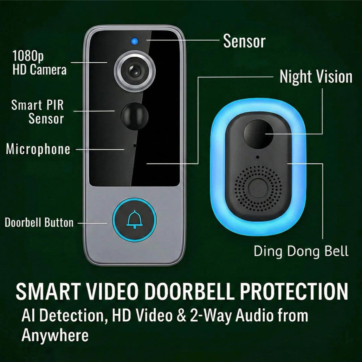 Sonnette vidéo sans fil avec caméra HD 1080P, vision nocturne et interphone, sans abonnement, carte SD de 64GB incluse | Sulvida