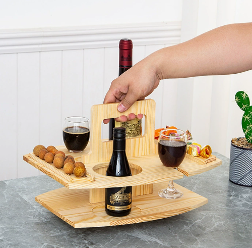 Opvouwbare Picknicktafel Eikenhout – Draagbare Wijnhouder met Vakken voor Strand Tuin Picknick Camping | Sulvida