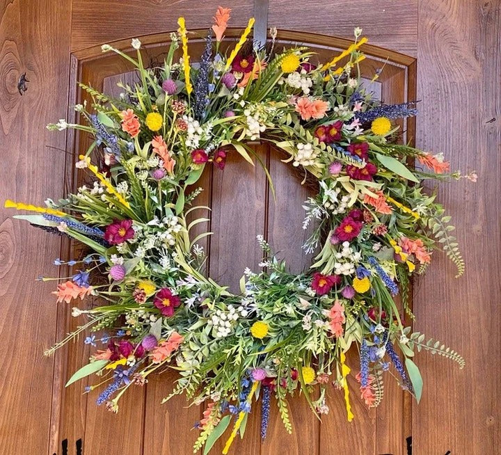 Krans met Zijden Bloemen & Eucalyptus Lente Zomer Decoratie 48 cm Deurkrans Wildflower Handgemaakt Bloemenkrans | Sulvida