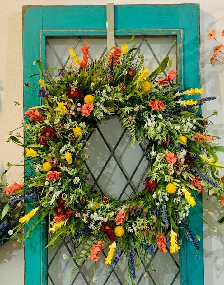 Krans met Zijden Bloemen & Eucalyptus Lente Zomer Decoratie 48 cm Deurkrans Wildflower Handgemaakt Bloemenkrans | Sulvida