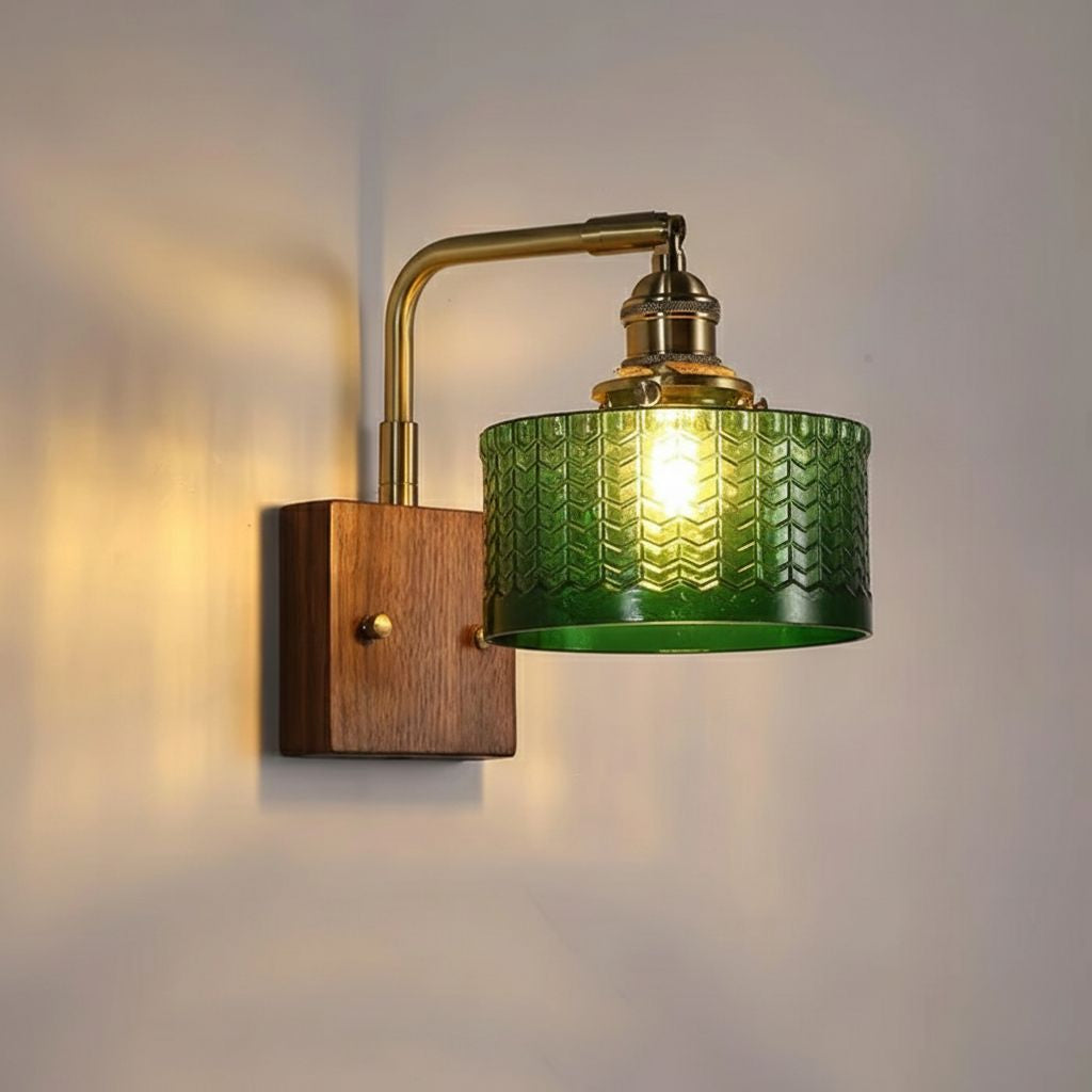 Groene Wandlamp met Houten Basis en Glazen Kap Artistiek Schubbenmotief Woonkamer Slaapkamer Hal E26 E27 40W | Sulvida