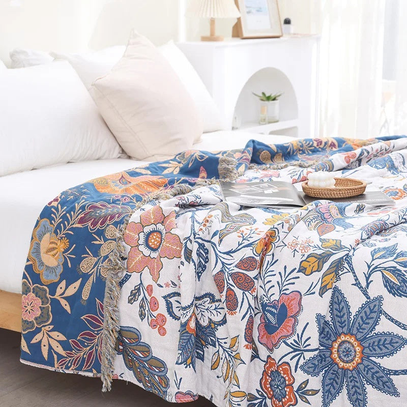 Katoenen Plaid met Bloemendessin en Franjes 150x200 200x230 230x250 Jacquard Weefpatroon Omkeerbaar Deken | Sulvida