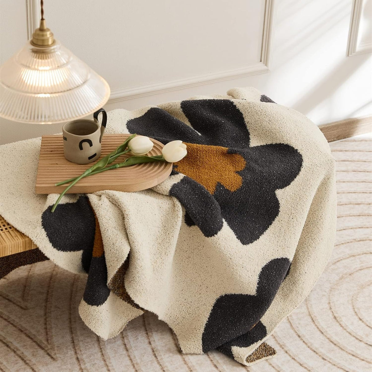 Gebreide Plaid met Bloemenpatroon 120x150 cm Grijs Oranje Rood Woonkamer Slaapkamer Bank Decoratief Deken | Sulvida