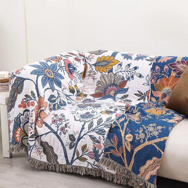 Katoenen Plaid met Bloemendessin en Franjes 150x200 200x230 230x250 Jacquard Weefpatroon Omkeerbaar Deken | Sulvida
