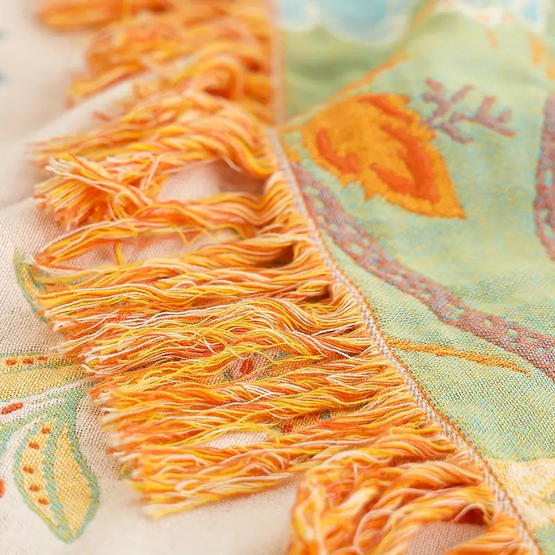 Boheemse Katoenen Plaid met Bloemenmotief – Oranje en Blauw op Crème Achtergrond voor Bank Bed Interieur | Sulvida