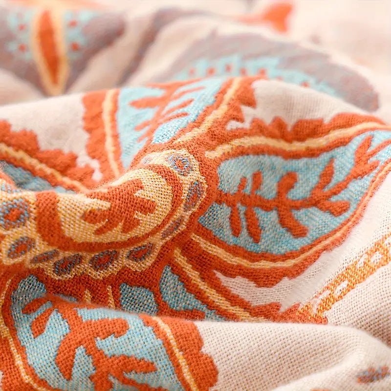 Boheemse Katoenen Plaid met Bloemenmotief – Oranje en Blauw op Crème Achtergrond voor Bank Bed Interieur | Sulvida