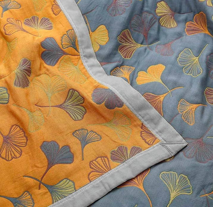 Ginkgo Bladeren Plaid Omkeerbaar Fleece Woonkussen Deken Groen Geel Blauw Botanisch Patroon Bank Bed | Sulvida