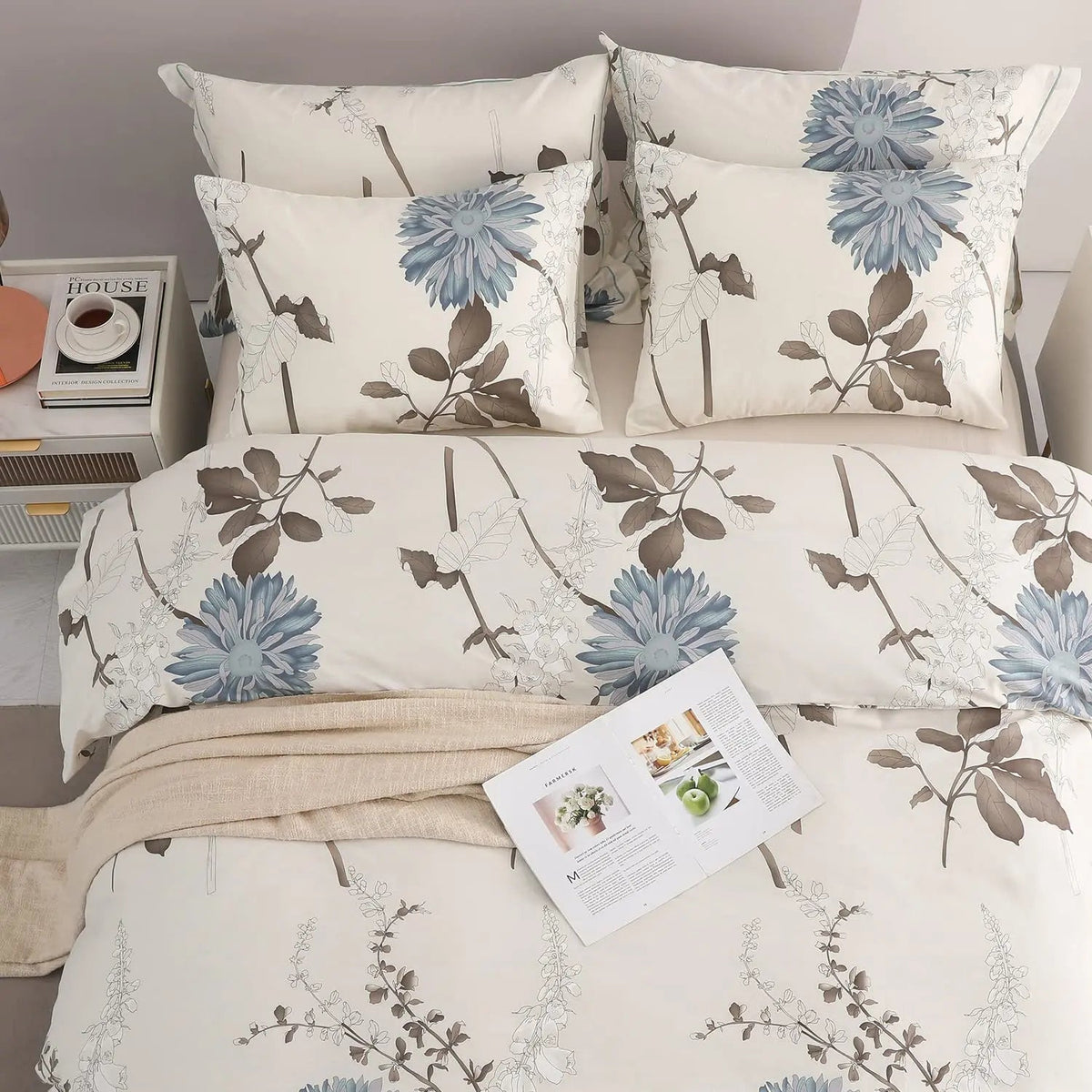 Botanisch Dekbedovertrek Set 4-delig Omkeerbaar Katoen 600 Threads Bloemenprint Luxe Slaapkamer Beddengoed | Sulvida