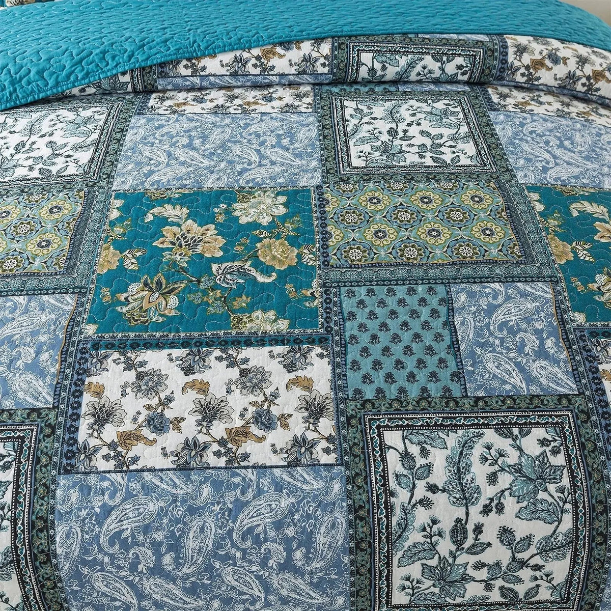 Patchwork Quilt Set Blauw Wit Bloemmotief Dubbelzijdig Bedsprei met Kussenslopen Lichtgewicht Slaapkamer | Sulvida