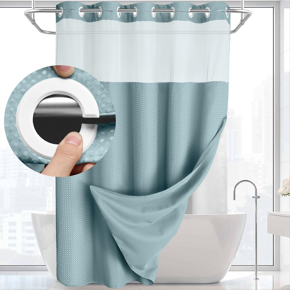 Douchegordijn zonder ringen polyester wafeldoek met ingebouwde liner badkamer waterdicht grijs wit modern | Sulvida