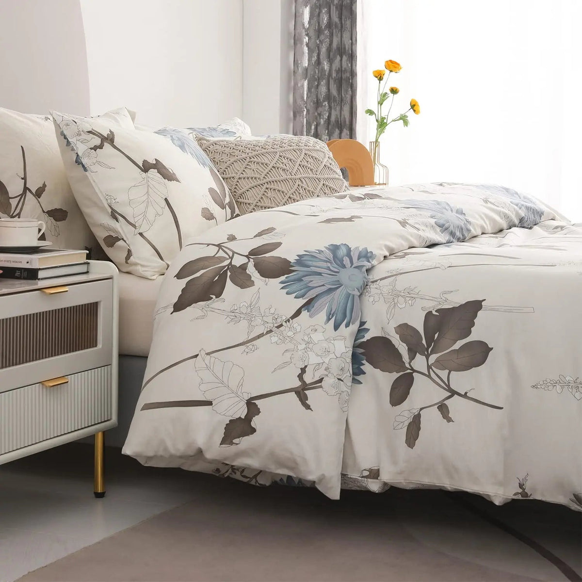 Botanisch Dekbedovertrek Set 4-delig Omkeerbaar Katoen 600 Threads Bloemenprint Luxe Slaapkamer Beddengoed | Sulvida
