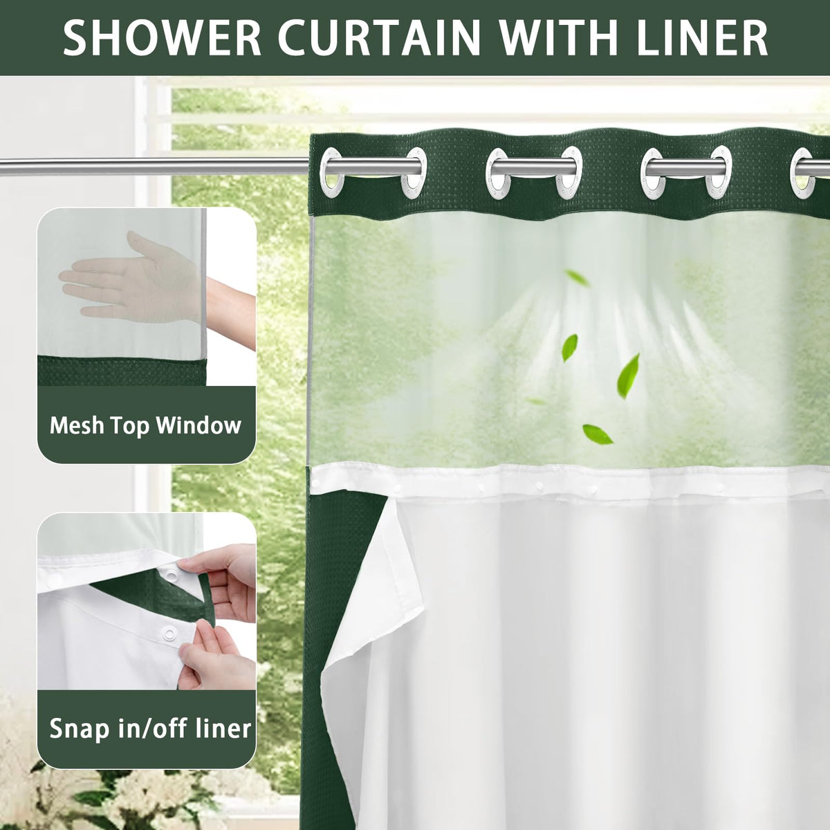 Douchegordijn zonder ringen polyester wafeldoek met ingebouwde liner badkamer waterdicht grijs wit modern | Sulvida