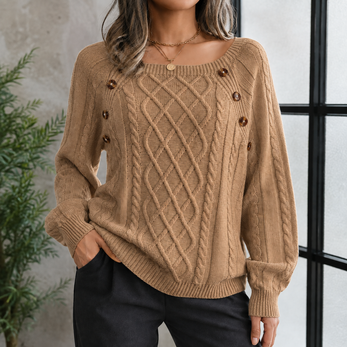 Gebreide dames trui met kabelpatroon en schouderknopen warm comfortabel voor herfst winter casual stijl | Sulvida