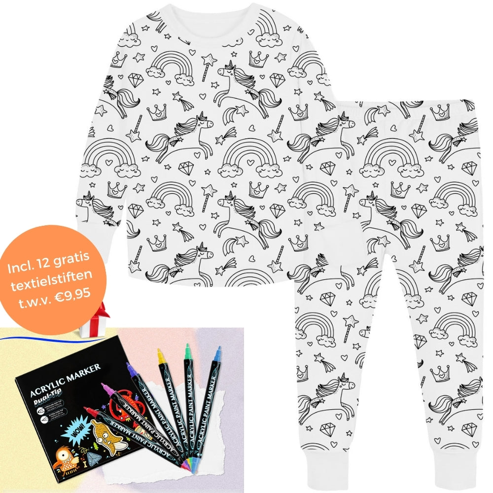 Inkleurbare Kinderpyjama met 12 Textielstiften Creatief Speelgoed Herbruikbaar Wasbaar Slaapkleding DIY Activiteit | Sulvida