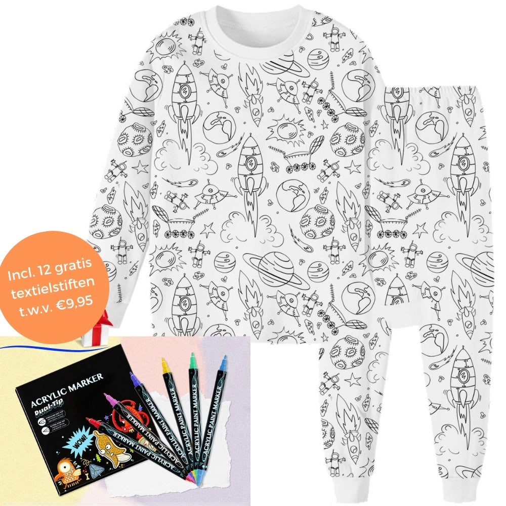 Inkleurbare Kinderpyjama met 12 Textielstiften Creatief Speelgoed Herbruikbaar Wasbaar Slaapkleding DIY Activiteit | Sulvida