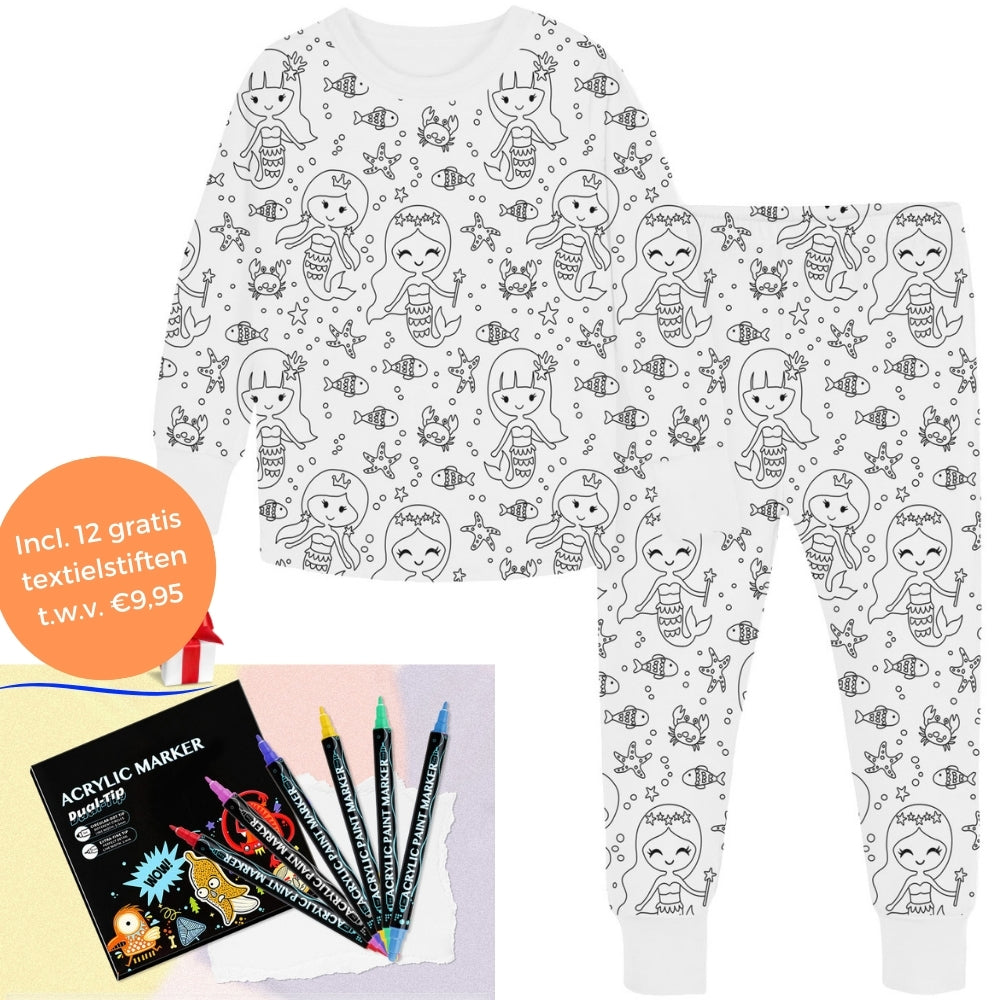 Inkleurbare Kinderpyjama met 12 Textielstiften Creatief Speelgoed Herbruikbaar Wasbaar Slaapkleding DIY Activiteit | Sulvida