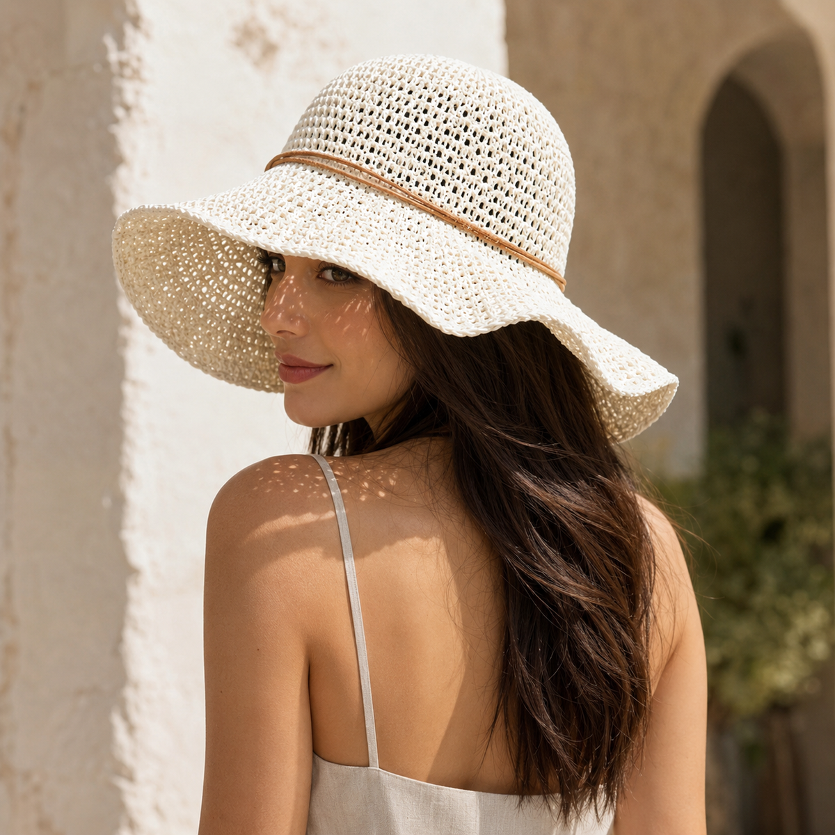 Dames Zomerhoed Gevlochten Stro Brede Rand Zonbescherming Strandhoed Vakantie Opvouwbaar Beige Wit Elegant | Sulvida