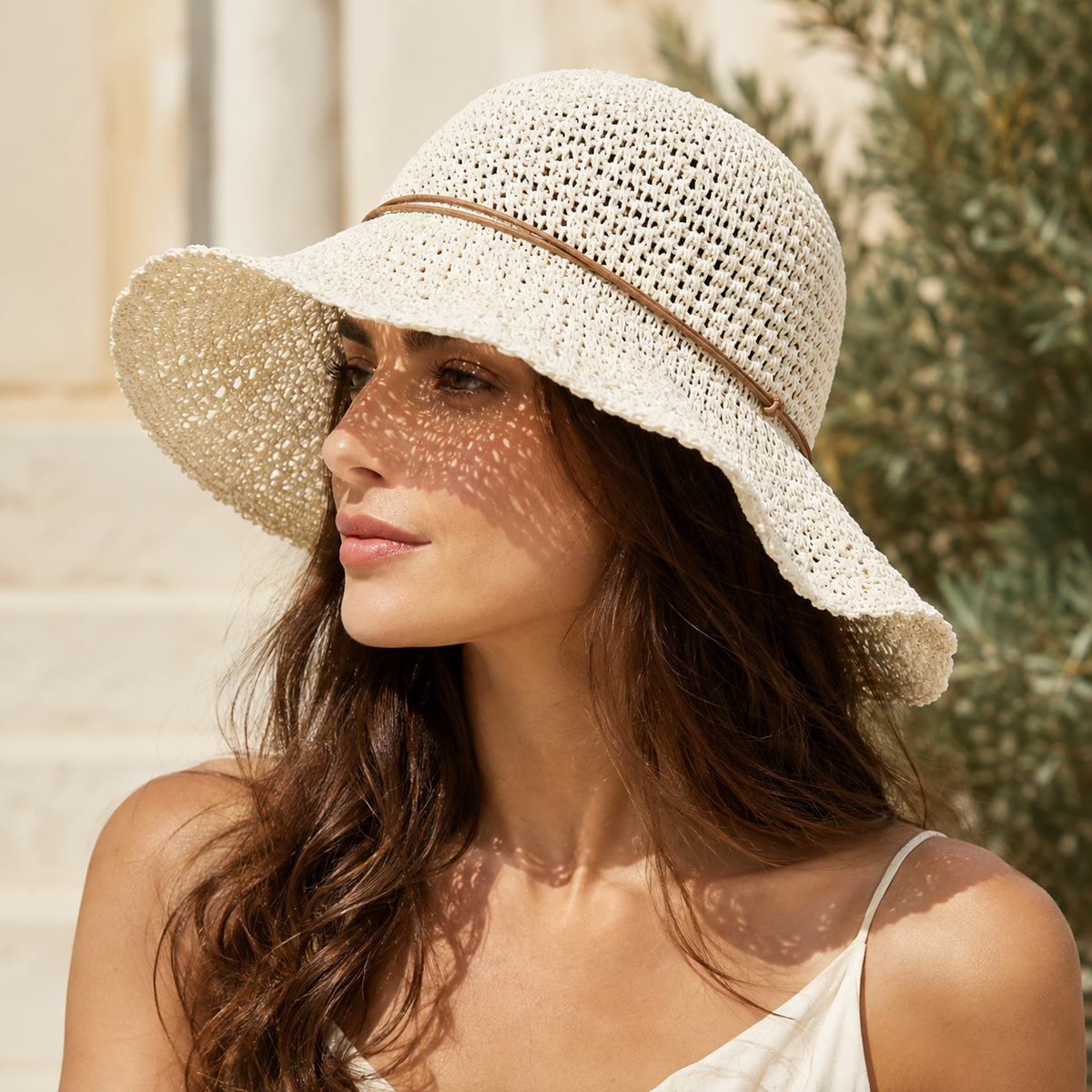 Dames Zomerhoed Gevlochten Stro Brede Rand Zonbescherming Strandhoed Vakantie Opvouwbaar Beige Wit Elegant | Sulvida