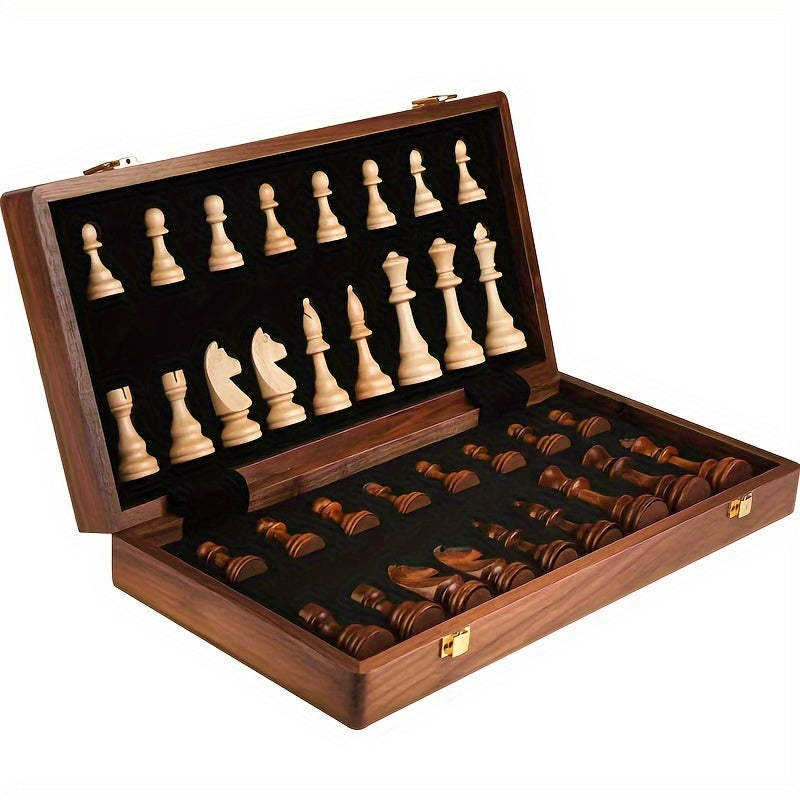 Schaakspel massief hout inklapbaar bord met opbergvak 39 cm klassiek strategie bordspel bruin houten schaakstukken | Sulvida