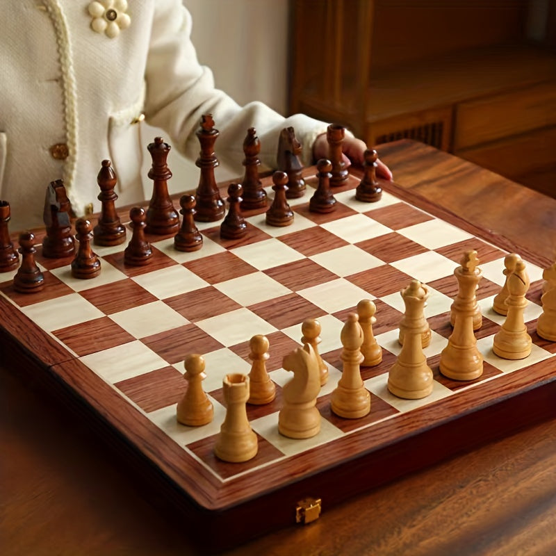 Schaakspel massief hout inklapbaar bord met opbergvak 39 cm klassiek strategie bordspel bruin houten schaakstukken | Sulvida