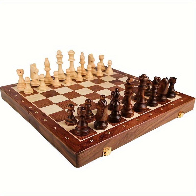 Schaakspel massief hout inklapbaar bord met opbergvak 39 cm klassiek strategie bordspel bruin houten schaakstukken | Sulvida