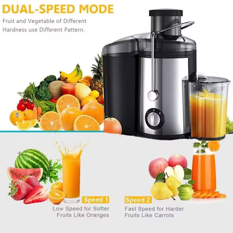 Centrifugeuse électrique 800W avec ouverture de remplissage de 65mm et 2 vitesses pour des jus de fruits et de légumes frais et des smoothies | Sulvida