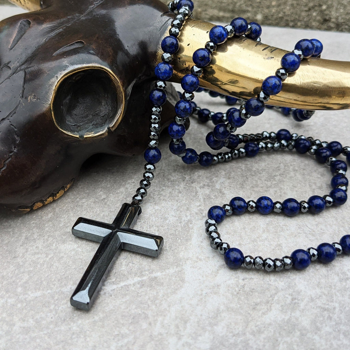 Collier chapelet pour homme en pierres naturelles, œil-de-tigre, lapis-lazuli, croix, perles, réglable, spirituel, bijou de prière | Sulvida