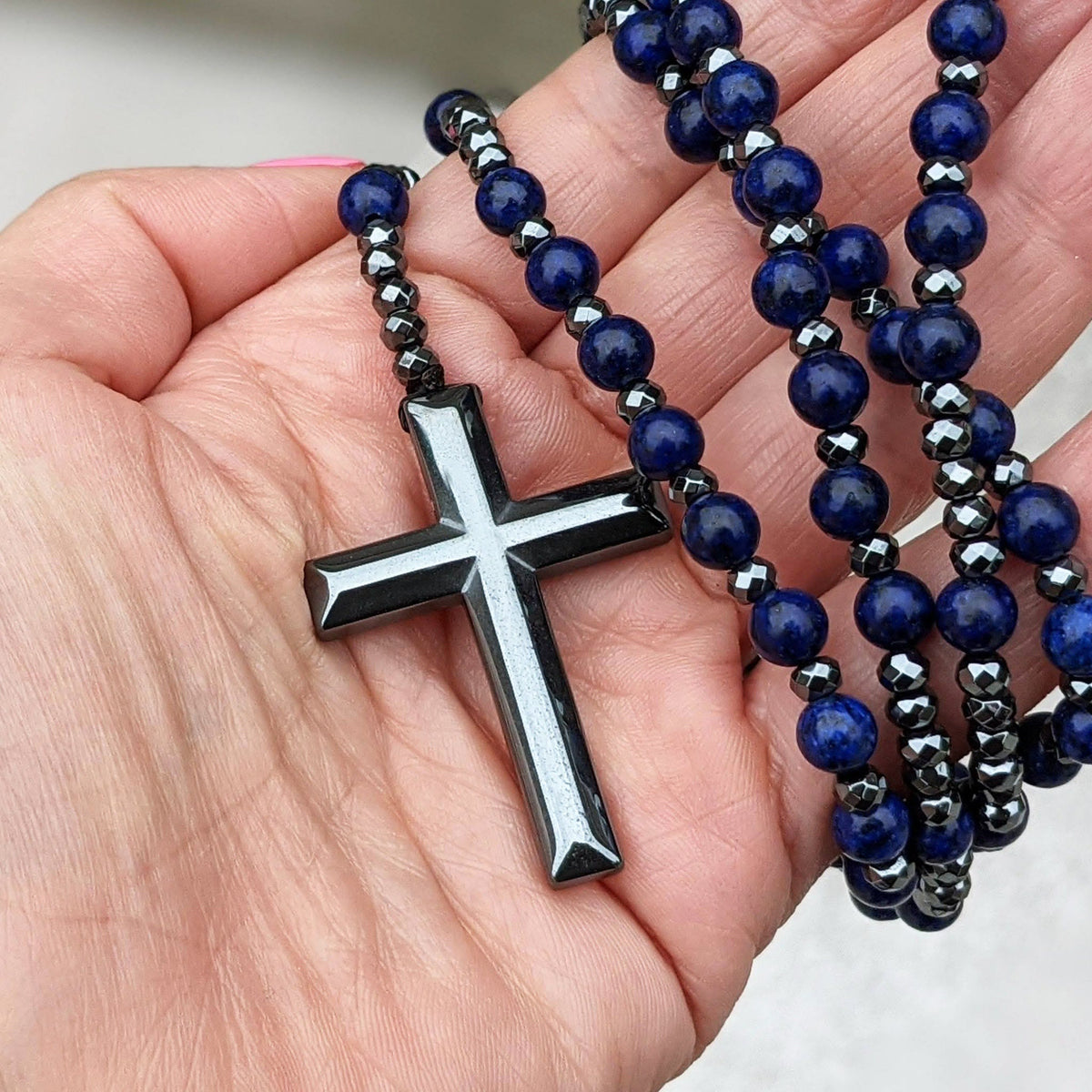 Collier chapelet pour homme en pierres naturelles, œil-de-tigre, lapis-lazuli, croix, perles, réglable, spirituel, bijou de prière | Sulvida