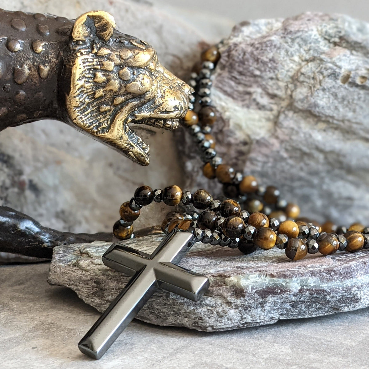 Collier chapelet pour homme en pierres naturelles, œil-de-tigre, lapis-lazuli, croix, perles, réglable, spirituel, bijou de prière | Sulvida
