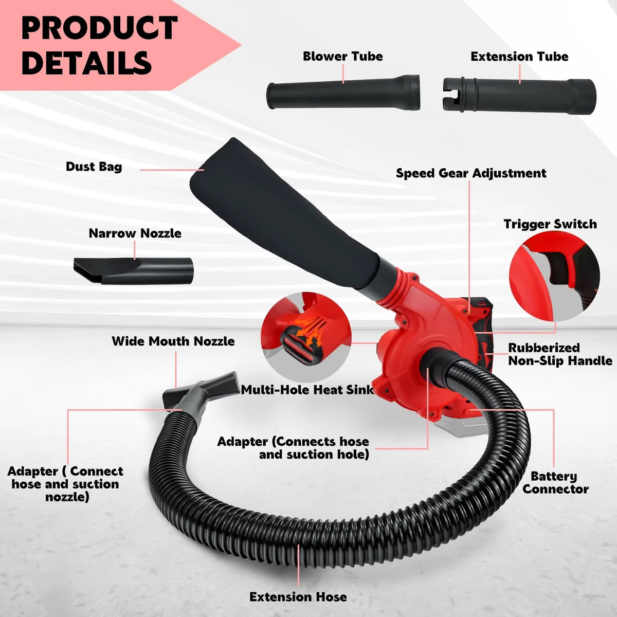Souffleur sans fil 18 V avec moteur sans balais 18 000 tr/min, aspirateur à batterie, fonction souffler-aspirer pour le jardin | Sulvida