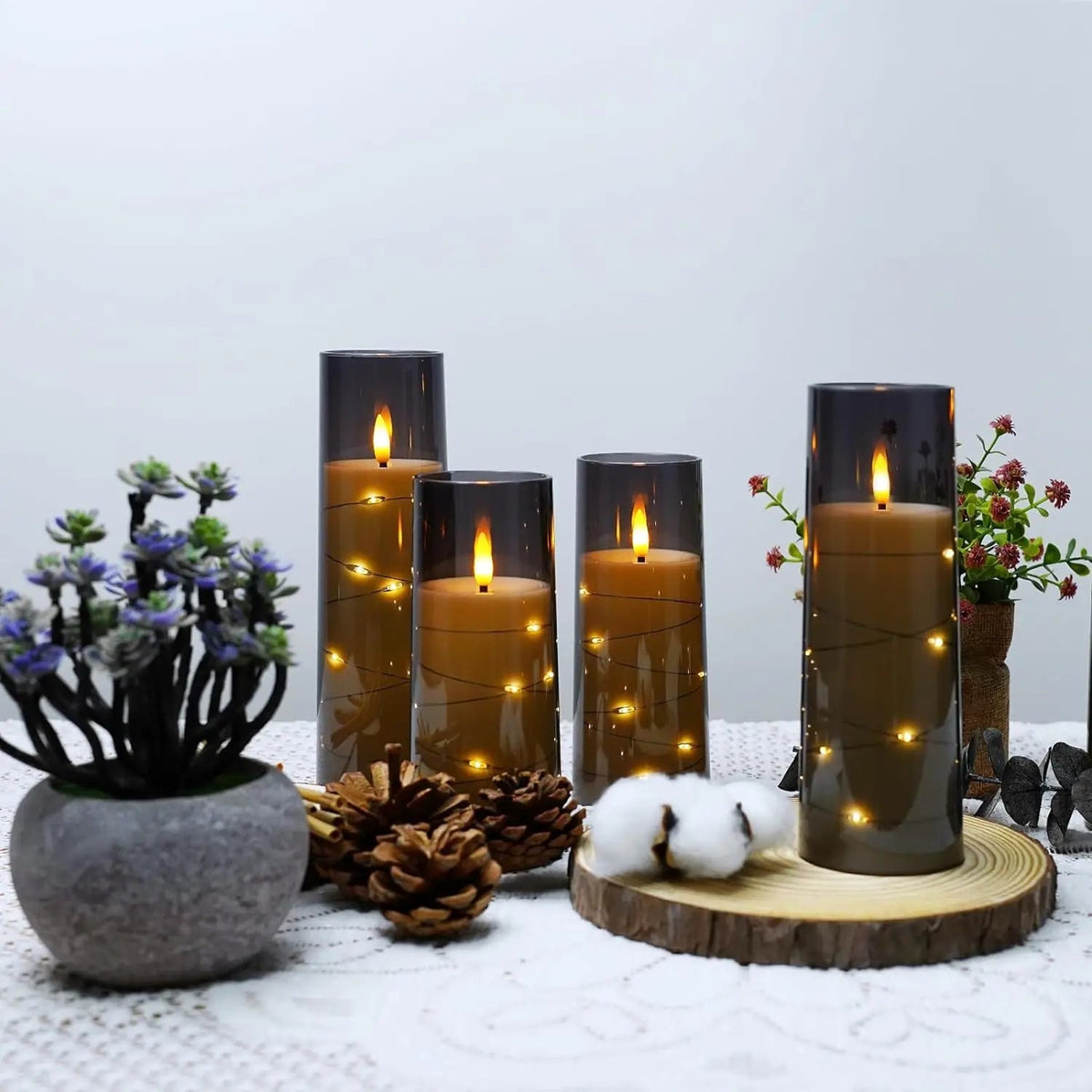 LED Kaarsen op Batterij Acryl Flikkerlicht Timer Grijs Transparant Sfeerverlichting Bruiloft Kerst Decoratie | Sulvida