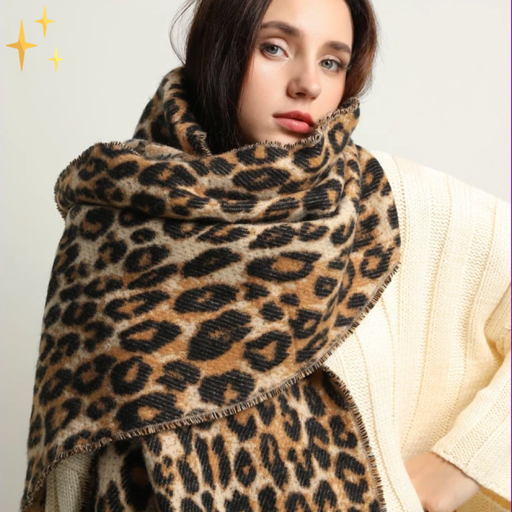 Gebreide Sjaal met Leopardprint – Warme Wintersjaal met Kwasten – Stijlvolle Luxe Damessjaal Accessoire | Sulvida