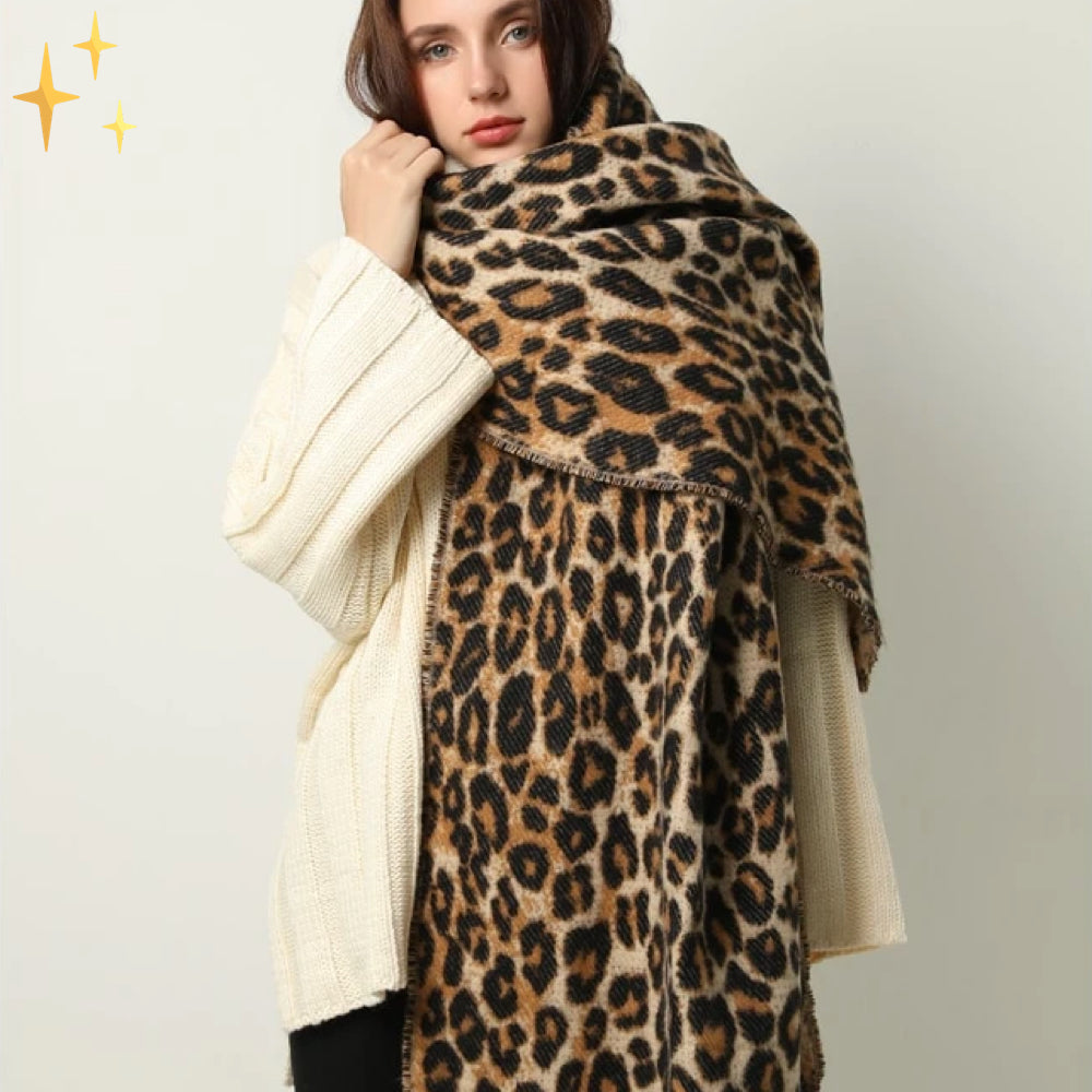 Gebreide Sjaal met Leopardprint – Warme Wintersjaal met Kwasten – Stijlvolle Luxe Damessjaal Accessoire | Sulvida
