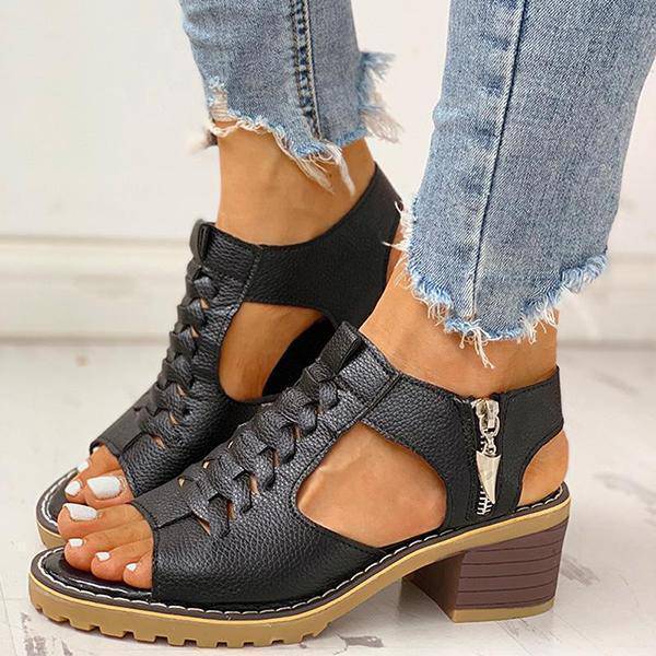 Dames Sandalen met Blokhak Peeptoe Ritssluiting Kunstleer Uitsneden Hakken Elegant Zomer Damesschoenen | Sulvida