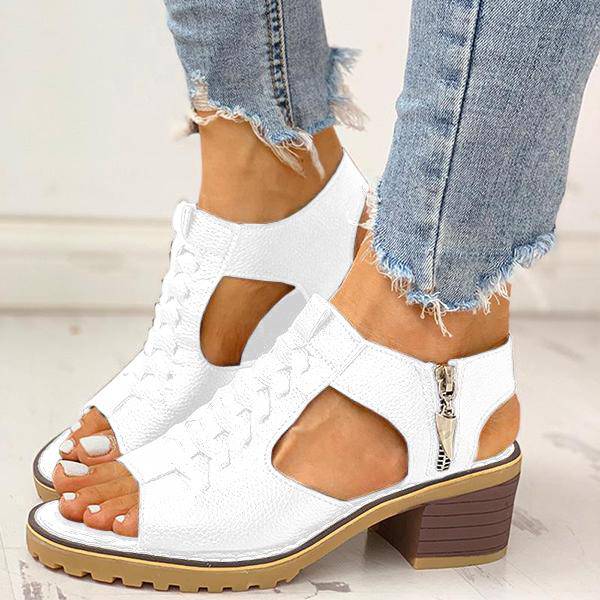 Dames Sandalen met Blokhak Peeptoe Ritssluiting Kunstleer Uitsneden Hakken Elegant Zomer Damesschoenen | Sulvida